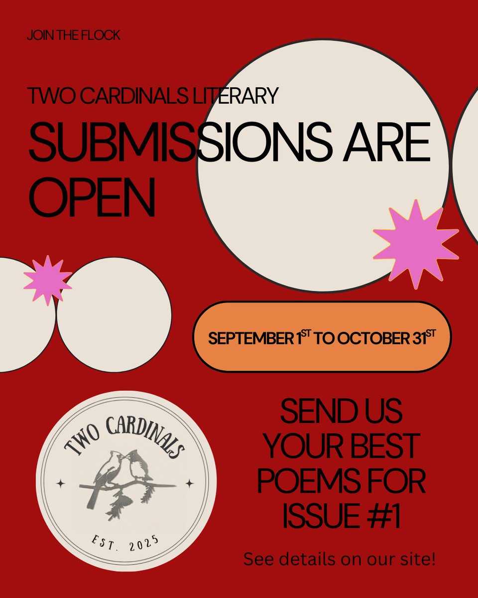 Sundress assistant chapbook editor Livia Meneghin has founded a new journal, Two Cardinals Literary! Poets based in the US can submit 1-4 pieces using their Google Form. Find more information on their Wordpress site. twocardinalsliterary.wordpress.com/submit/