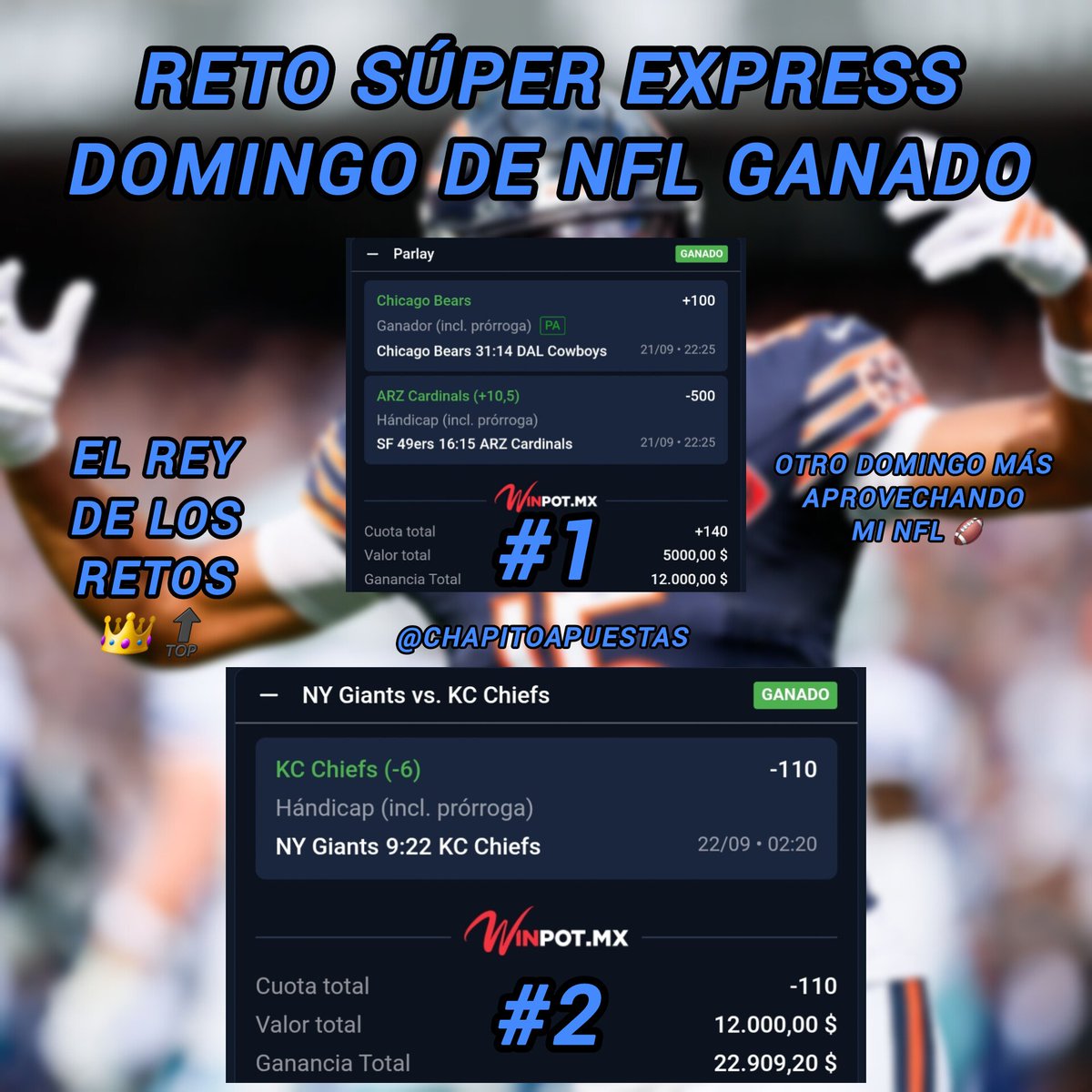 ChapitoApuestas's tweet image. 🚨| SE VIENE UN NUEVO RETO SÚPER EXPRESS DOMINGO NFL EXCLUSIVO 🔝🏈

Se viene MI FAMOSO RETO SÚPER EXPRESS DOMINGO NFL 🔝🏈 !!

Chingones, cada Domingo estamos Ganando este Reto y se viene uno Nuevo ✅️🔝 !!

Atentos, muy atentos que serán muy poquitos lugares 🔔👊 !!