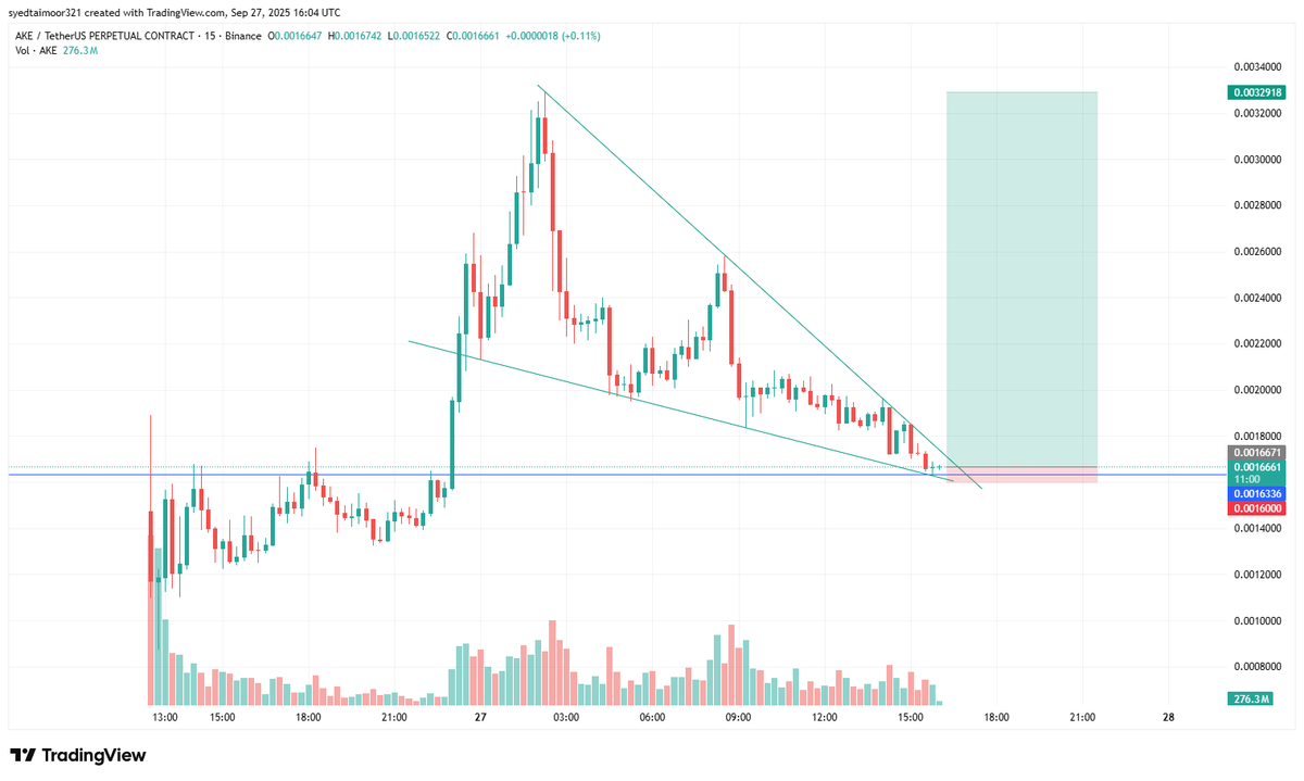 TaimoorCrypto's tweet photo. $AKE is looking good here; a perfect falling wedge example is right in front of us. SL is tight around 4% and TP is above 90%.

Fundamentally, it is strong, top-tier tech. https://t.co/yeGUU0yaJv