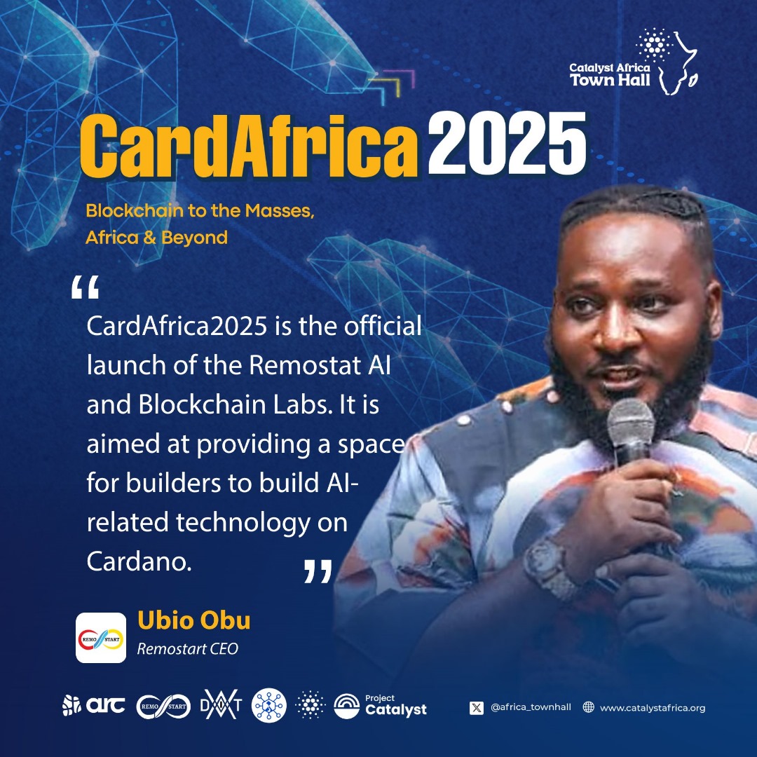 Catalyst Africa Town Hall (@africa_townhall) on Twitter photo "CardAfrica2025 is the official launch of the Remostat AI and Blockchain Labs. It is aimed at providing a space for builders to build AI-related technology on Cardano" - Ubio <a href="/RemoStart/">RemoStart - Hiring</a> "CardAfrica2025 is the official launch of the Remostat AI and Blockchain Labs. It is aimed at providing a space for builders to build AI-related technology on Cardano" - Ubio <a href="/RemoStart/">RemoStart - Hiring</a>