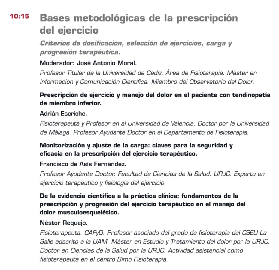 Tendré el honor de moderar la mesa “Bases metodológicas de la prescripción del ejercicio”.

📌 Abordaremos:
✔️ Criterios de dosificación
✔️ Selección de ejercicios
✔️ Carga y progresión terapéutica

🎓 Oportunidad de actualizarse en #ejercicioterapéutico y #dolor… GRATIS!