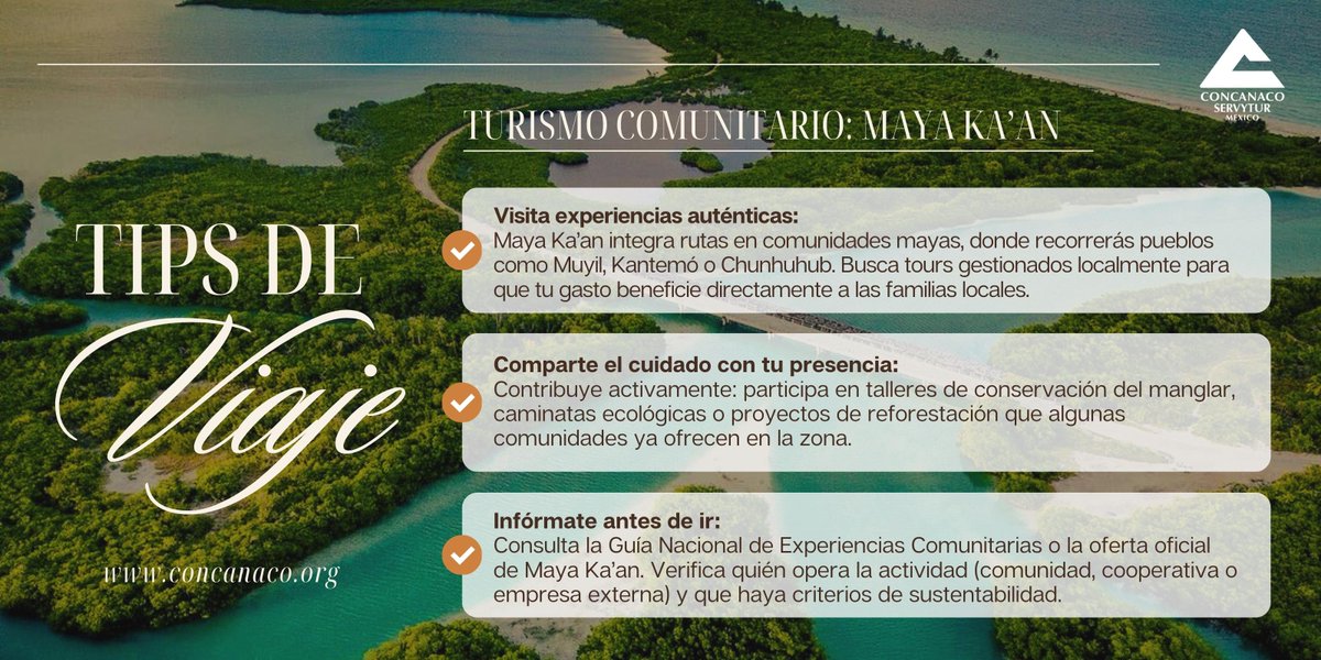 CONCANACO's tweet image. 🏞️ #TipsDeViaje 

Turismo comunitario: descubre Maya Ka’an con ojos conscientes

En Quintana Roo, el turismo también fortalece a las comunidades mayas. 
Maya Ka’an es un destino que combina naturaleza, cultura viva y actividades que cuidan el medio ambiente.