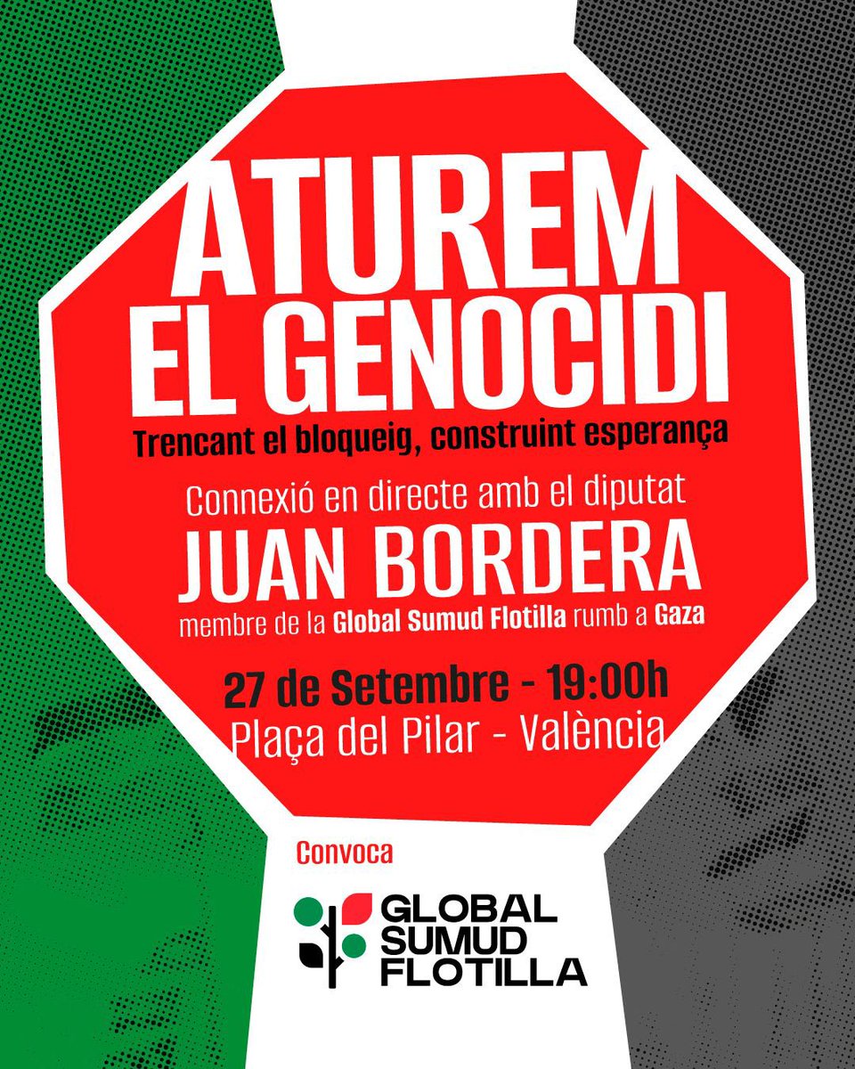 🔴 Esta vesprada parlarem en una connexió en directe amb <a href="/JuanBordera/">Juan Bordera🌍🇵🇸</a>, <a href="/AdaColau/">Ada Colau 💜🌈🔻</a> i altres membres de la flotilla a Gaza.

⏰ 19 hores
📍 Plaça del Pilar, València