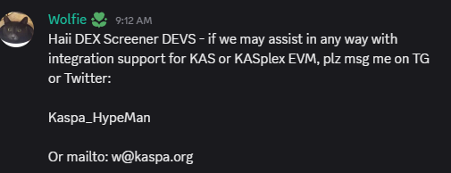 Howdy <a href="/dexscreener/">DEX Screener</a> $KAS &amp; <a href="/kasplex/">Kasplex</a> zkEVM L2 are upvoting like crazy for *new chain integration" on <a href="/discord/">Discord</a> .

Plz msg me for any support on either, thxx!
