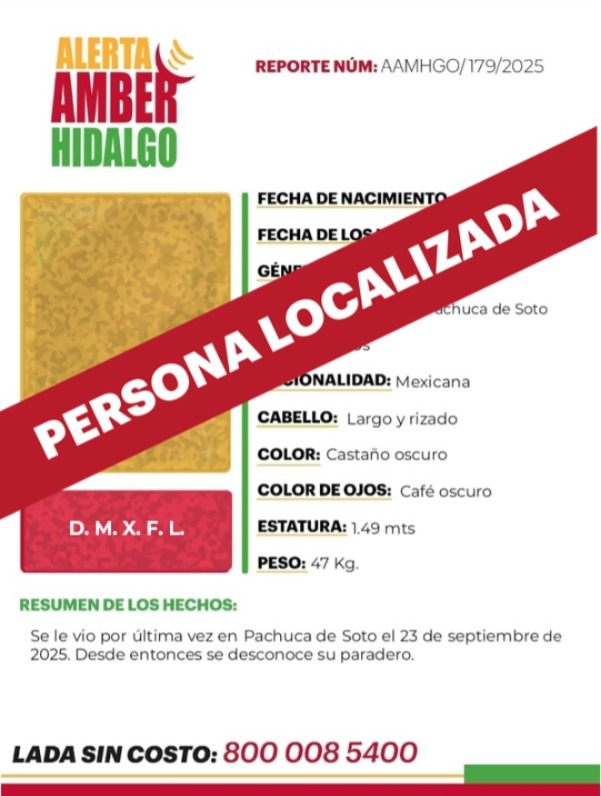 AAMBER_hgo's tweet image. ¡Agradecemos tu colaboración! Se desactiva la #AlertaAMBER de D. M. X. F. L. , persona localizada y presentada ante el Ministerio Público. #CadaSegundoCuenta #TuAyudaCuenta #ActuemosRápido