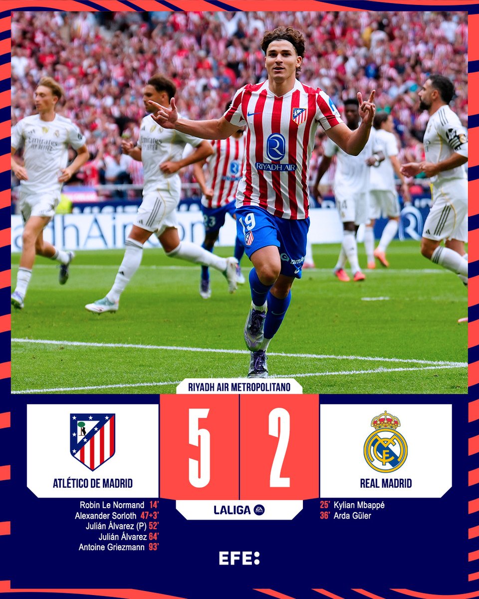 EFEdeportes's tweet image. #ÚLTIMAHORA | 💥 Julián Álvarez minimiza al Madrid y el Atlético confirma su recuperación 

👊Arrollador Atlético tras el 2-2 del descanso.
🔻El Madrid, sin fútbol y sin capacidad de reacción.
🚨Saltan las alarmas con la lesión de Militao.

#AtletiRealMadrid | #LaLigaEASports