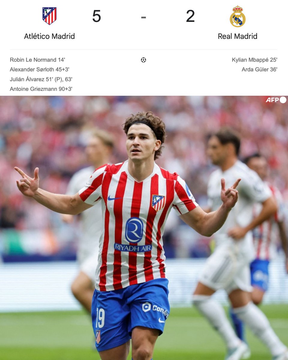 ¡¡MANITA DEL ATLÉTICO Y ADIÓS AL PASO PERFECTO DEL REAL MADRID!!

✅ Terminó el invicto y paso perfecto del equipo de Xabi Alonso. 
✅ Le Normand marcó el primero de la tarde.
✅ Kylian Mbappé y Arda Güler lo habían remontado, pero la contundencia del francés y del turco no fue