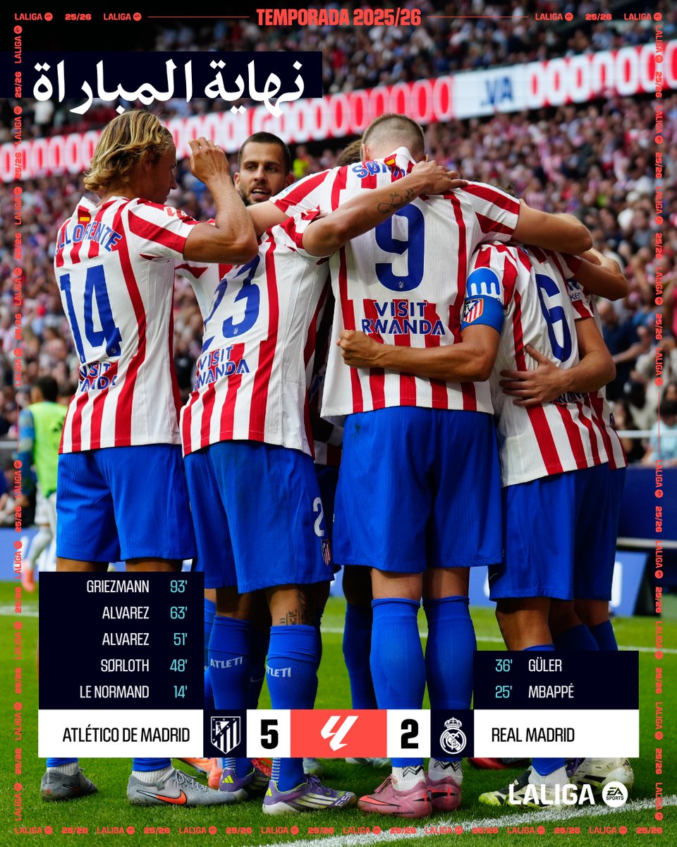 مدريد تتلون بالأحمر و الأبيض، أتلتيكو مدريد مرعب. ❤️🤍

#أتلتيكو_ريال_مدريد 2-5 | #LALIGAEASPORTS