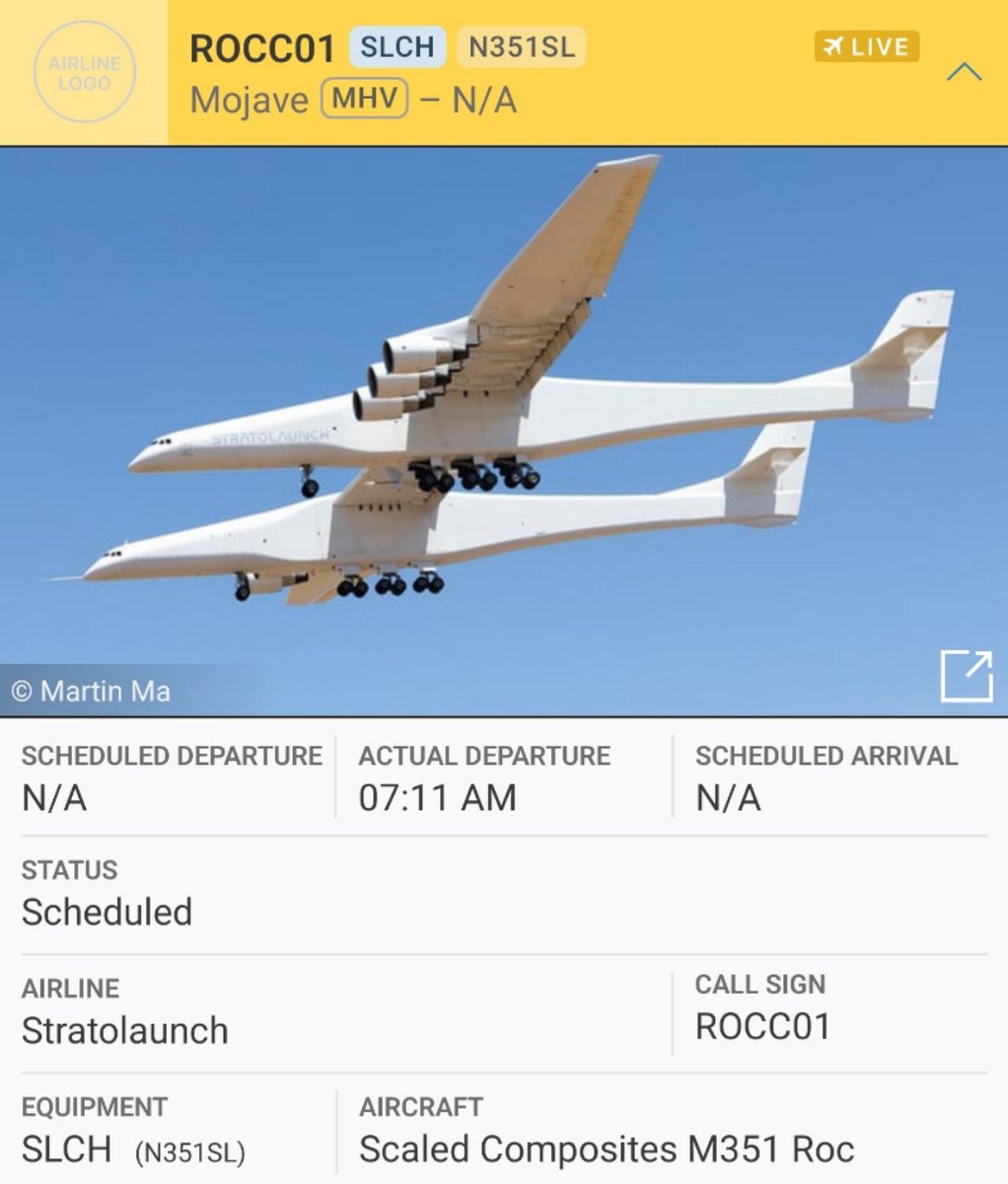 sipjack1776's tweet photo. Stratolaunch
Scaled Composites M351 Roc
#A3EA1F/N351SL/ROCC01
Out of Mohave Air and Space Port.
@Borrowed7Time @JasonZicker @MRAIDANya https://t.co/d20bNUNm9O