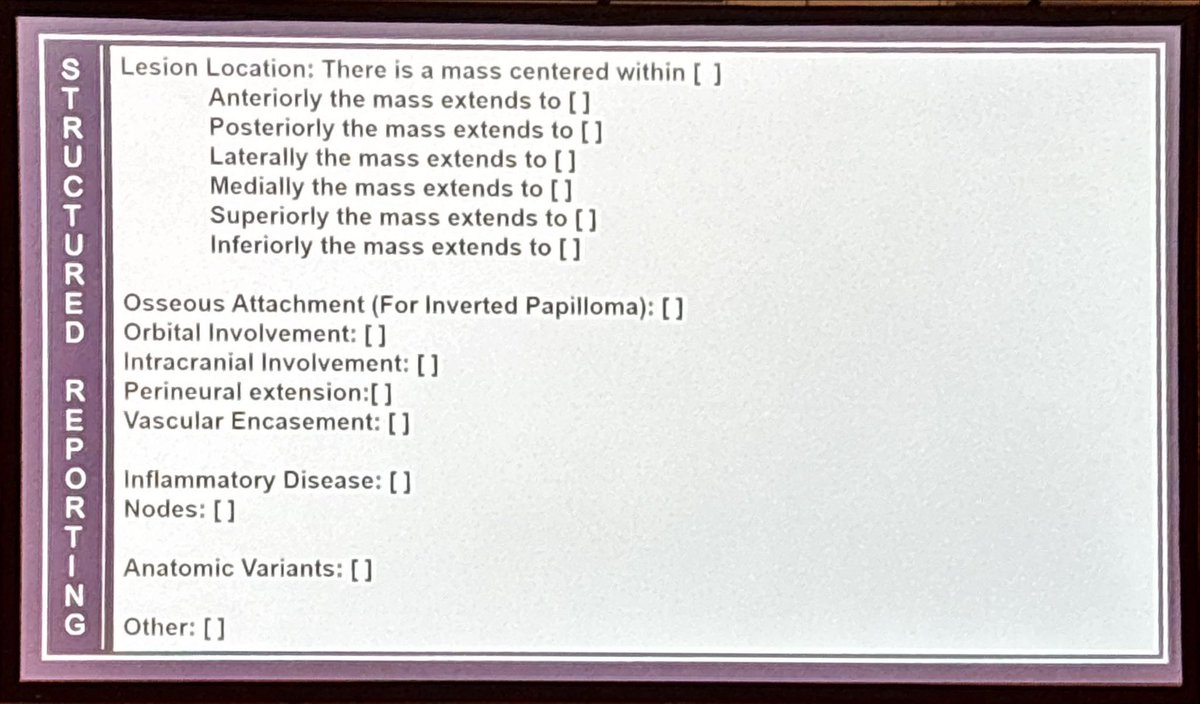 HeadNeckRads's tweet image. When reporting imaging of a sinonasal tumor, describing tumor extent is critical for treatment planning, less so predicting the pathology (besides concluding it is not simple inflammatory disease).
@tabby_kennedy at #ASHNR25
