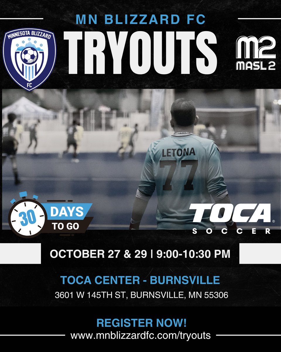 🚨 Blizzard Tryouts are here — thanks to TOCA Soccer!

📅 Oct. 27 &amp; 29 | 9–10:30 PM
📍 TOCA Center – Burnsville
⚡ Attend both sessions for full consideration

👉 Register: mnblizzardfc.com/tryouts

#MNBlizzardFC #TOCASoccer #MASL2