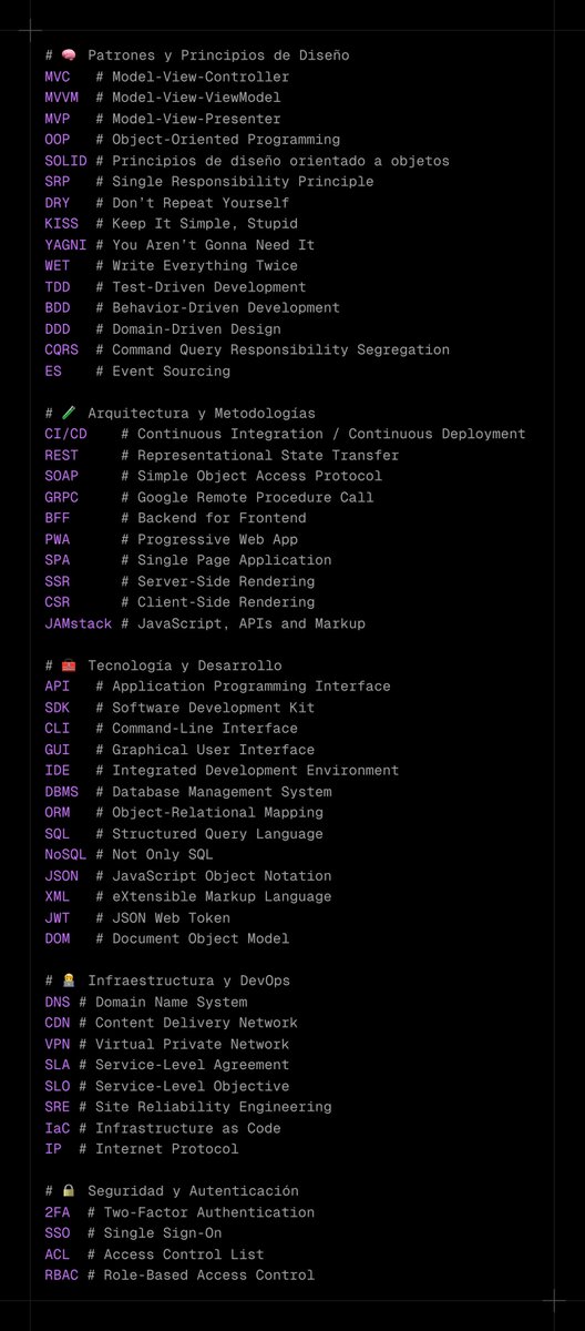 midudev's tweet image. 50 acrónimos y términos técnicos que cualquier programador debe conocer.
Guárdalo. Te vas a cruzar con todos: