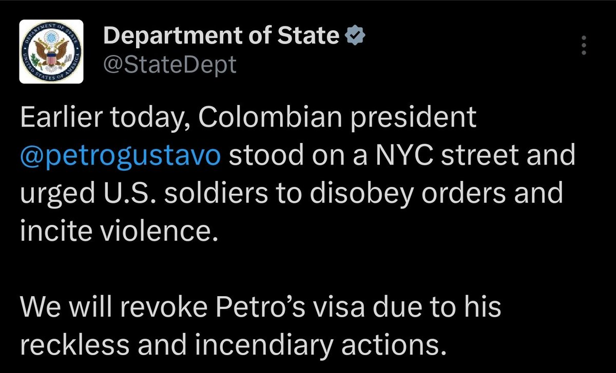 Pokemom2R's tweet photo. Columbia’s president Petro Gustavo is no longer welcome in America after calling for military coup against Trump in NYC.
The visa revocation should be extended to every person on stage with him.💯

Is this guy serious? How did he think this would end? How much in U.S. taxpayer funding do we send them?