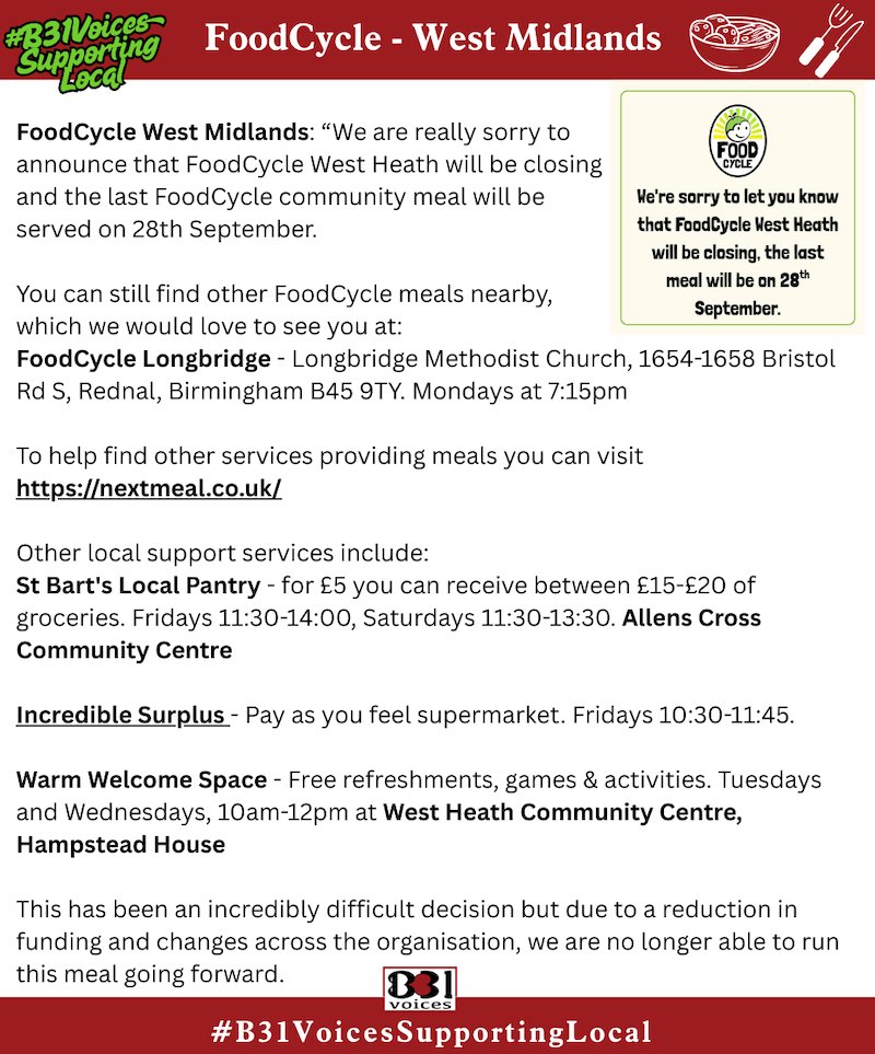 B31Voices's tweet image. #B31VoicesSupportingLocal 

FoodCycle West Midlands: "FoodCycle West Heath will be closing and the last FoodCycle community meal will be served on 28th September."

-

#FoodCycle #WestHeath
#Longbridge 
#Birmingham 
#BirminghamUK 
#B31Voices #BVoices