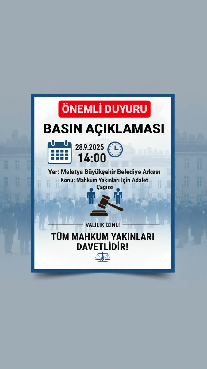 Yıllardır adil yargılanma hakkı ihlal edilen adlî mahkûmlar ve aileleri için ses oluyoruz.
Sesimizi duyurmak, af ve ceza indirimi talebimizi yinelemek için valilik izinli basın açıklamasına bekliyoruz.

📅28 Eylül
⏰14:00
📍 Malatya Büyükşehir Belediye Binası Arkası (AVM yanı)