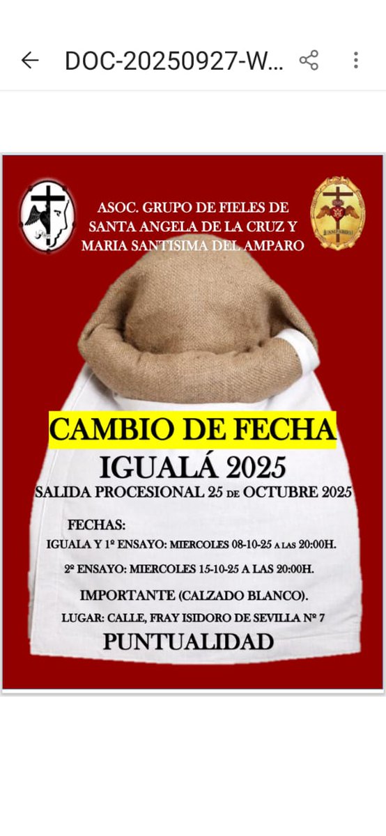 AccDelAmparo's tweet photo. Cambio de fechas por motivos metereológicos, 
Miércoles Día 8 de Octubre a las 20:00 h https://t.co/VuJZw3vYXX