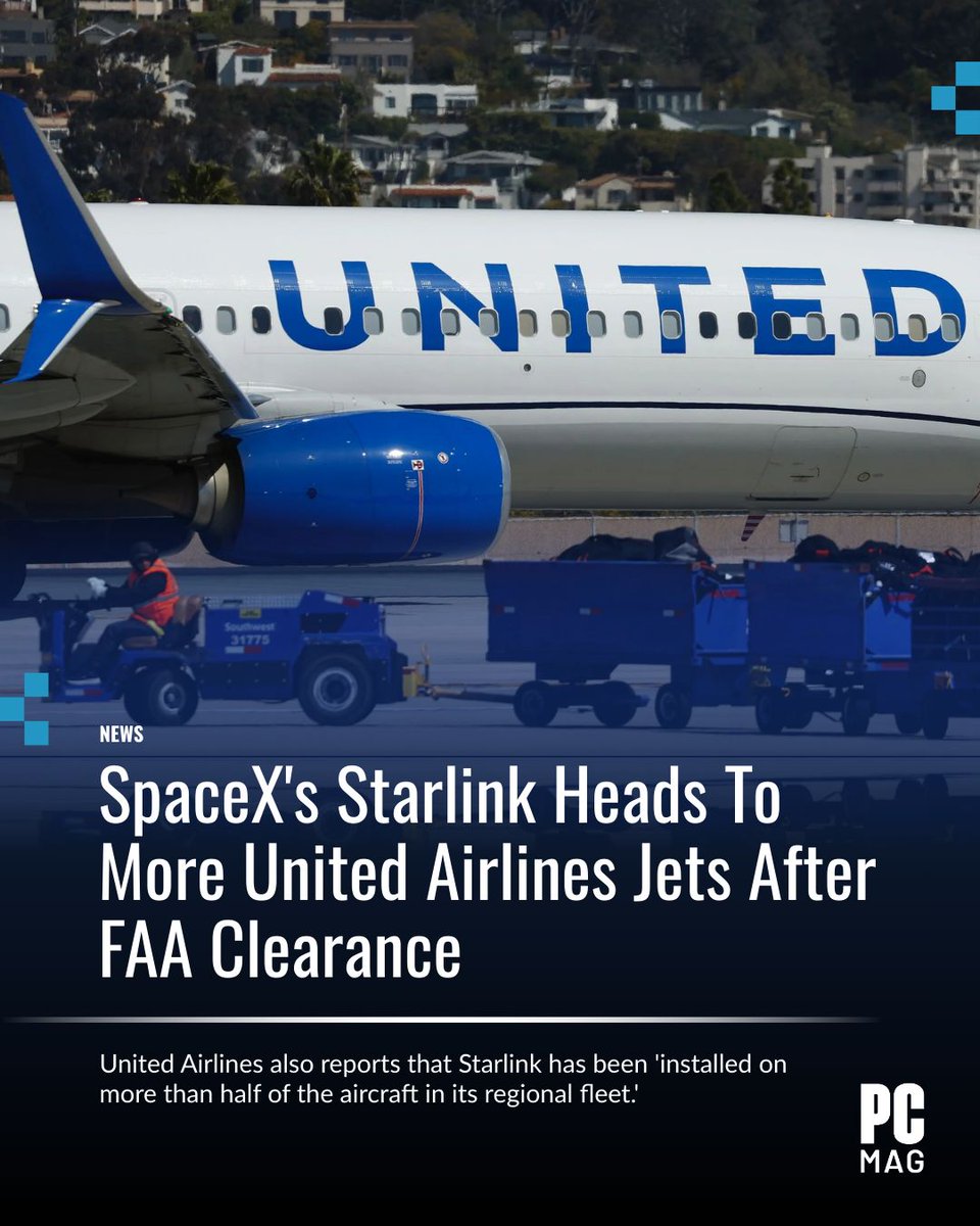 PCMag's tweet image. #United has FAA approval to bring #Starlink Wi-Fi to Boeing 737-800 jets, with the first flight set for Oct. 15 out of Newark. 

More than half its regional fleet already has Starlink, and the airline plans to expand to 16+ aircraft models. ✈️ #satelliteinternet

Full story 👉