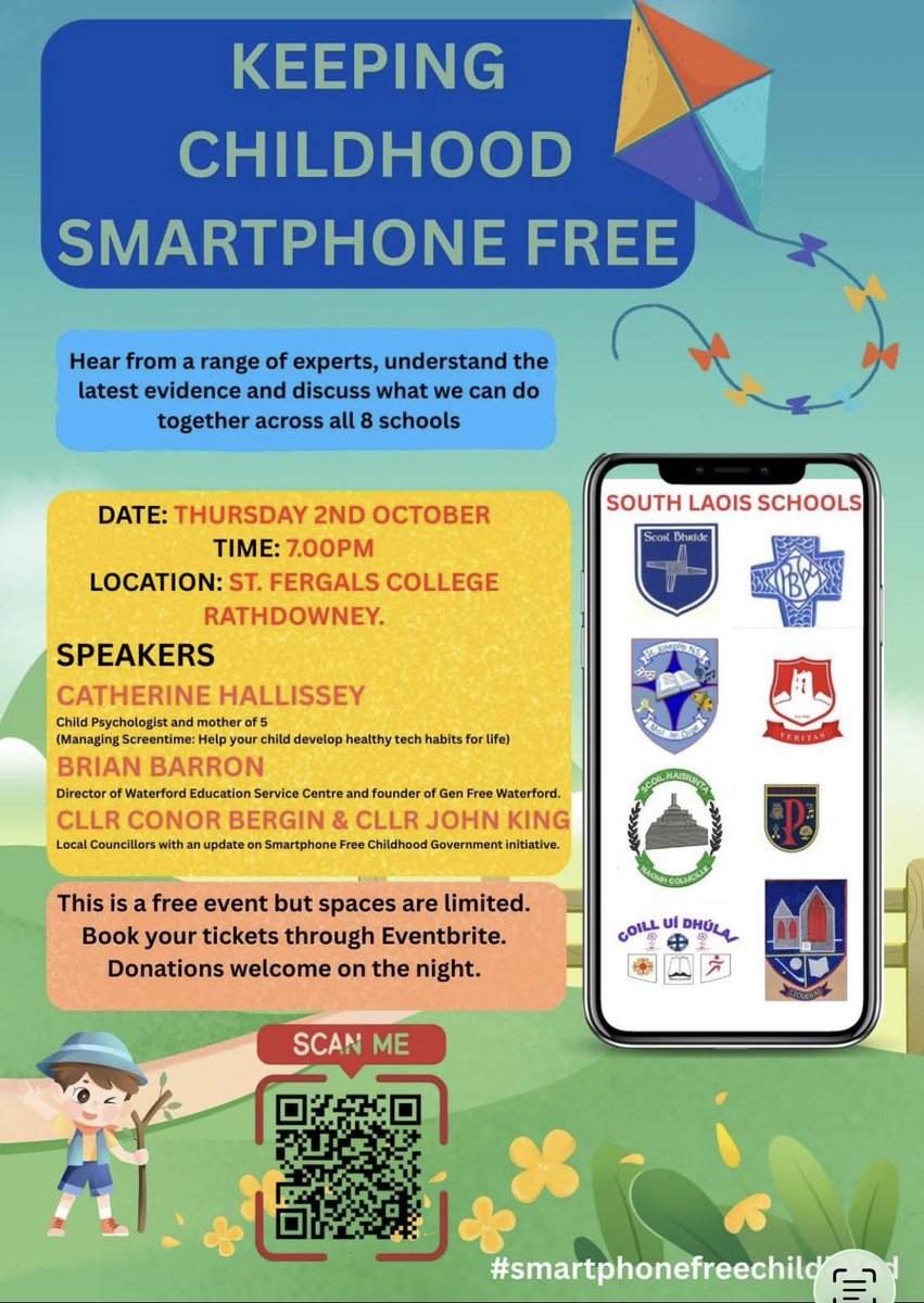 Looking forward to speaking at this meeting next week organised by the Parents Associations - ‘Keeping Childhood Smartphone Free’

Well done to the Parents Associations of 6 South Laois schools on organising this excellent initiative.