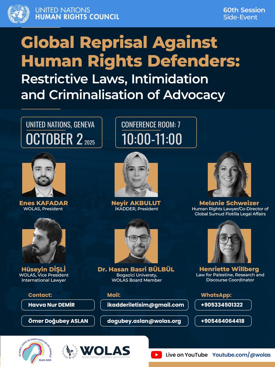 We are pleased to announce our sideline event during the 60th Session of the UN Human Rights Council:

Global reprisal against human rights defenders, restrictive laws and intimidation , and criminalisation of advocacy

📆2 October 2025
⏱️10:00 AM (Geneva time)
📍United Nations,