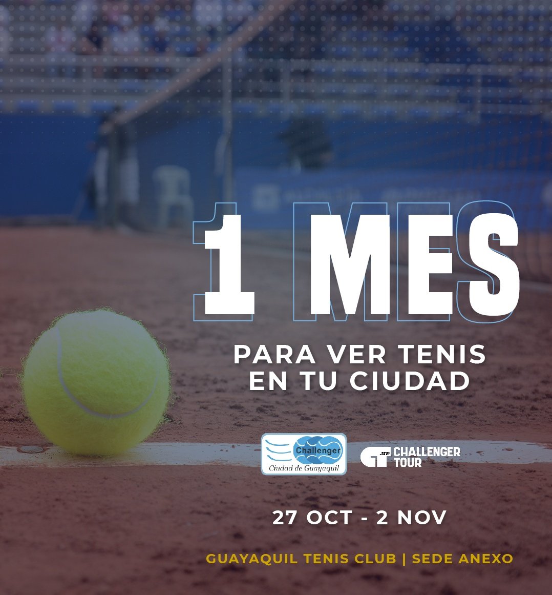 Ya falta solo un mes para volvernos a encontrar 😌🎾.

➡️ Del 27 de octubre al 2 de noviembre

#XXIChallengerdeGuayaquil 

📍Guayaquil Tenis Club - sede Anexo
