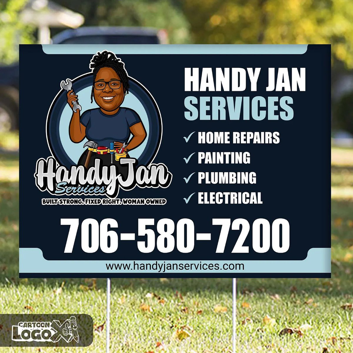 SerinaFrom98771's tweet image. Bold yard sign for HandyJan Services Clear text, bright colors, and professional layout for max visibility. Promote your local handyman business with style! Built Strong. Fixed Right. Woman Owned.

See more: cartoonlogox.com

#YardSign #CustomYardSign #OutdoorSign #artist