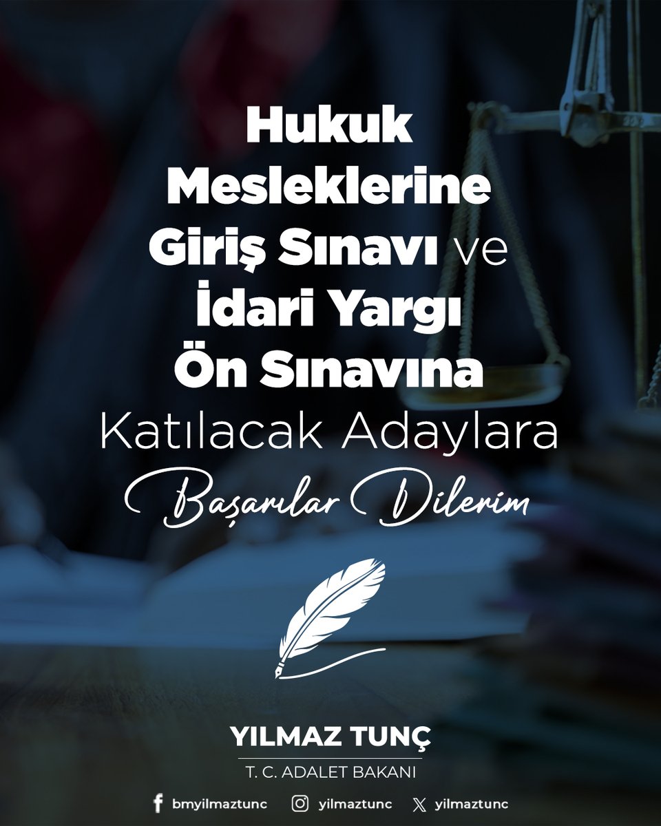 Hukuk Mesleklerine Giriş Sınavı ve İdari Yargı Ön Sınavı yarın yapılacak. 

Uzun bir hazırlık sürecinin ardından hayallerindeki kutsal mesleğe kavuşmak için sınavlarda ter dökecek tüm adaylarımıza başarılar diliyorum. 

Hukukun üstünlüğüne inanarak adaletin sesi olmak için