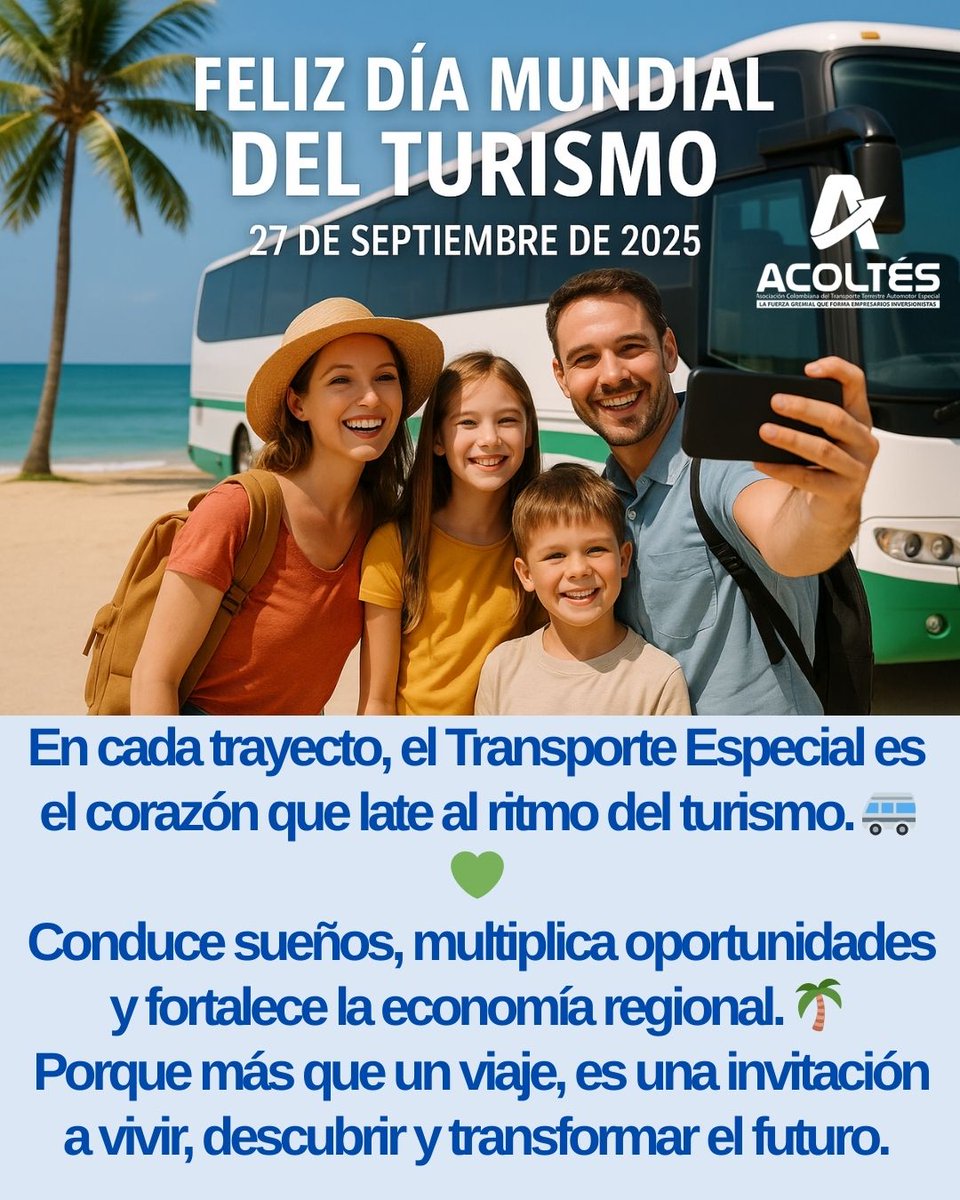 🌎✨ ¡Feliz Día Mundial del Turismo! ✨🌎

El Transporte Especial no solo mueve pasajeros💚
Mueve sueños, conecta culturas y abre caminos hacia experiencias únicas. 🚐🌴
Porque cada destino cuenta una historia, y gracias al transporte, esas historias se hacen viaje. 🇨🇴✨