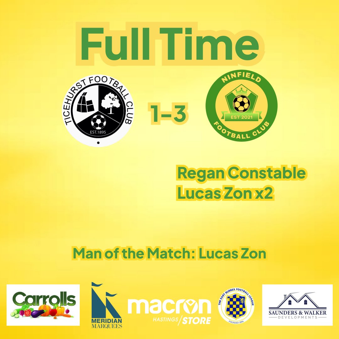 The 2nds are through to the 2nd Round of the Macron Hastings Vase after a 3-1 win away at Ticehurst.

Goals from Regan Constable and a brace from Lucas Zon.

Man of the Match: Lucas Zon

Well played Ticehurst and good luck with the rest of the season

🟡⚽️🟢
#UpTheNins #NinTwos