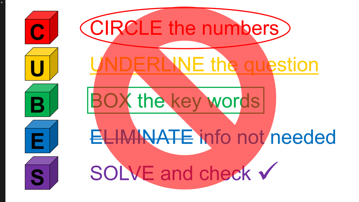 If the idea of using CUBES to solve math problems has left you frustrated and wanting something better, check out the recording of my Why We Should Reconsider Using Word Problems (And What We Should Be Doing Instead) webinar.

robertkaplinsky.com/webinar
