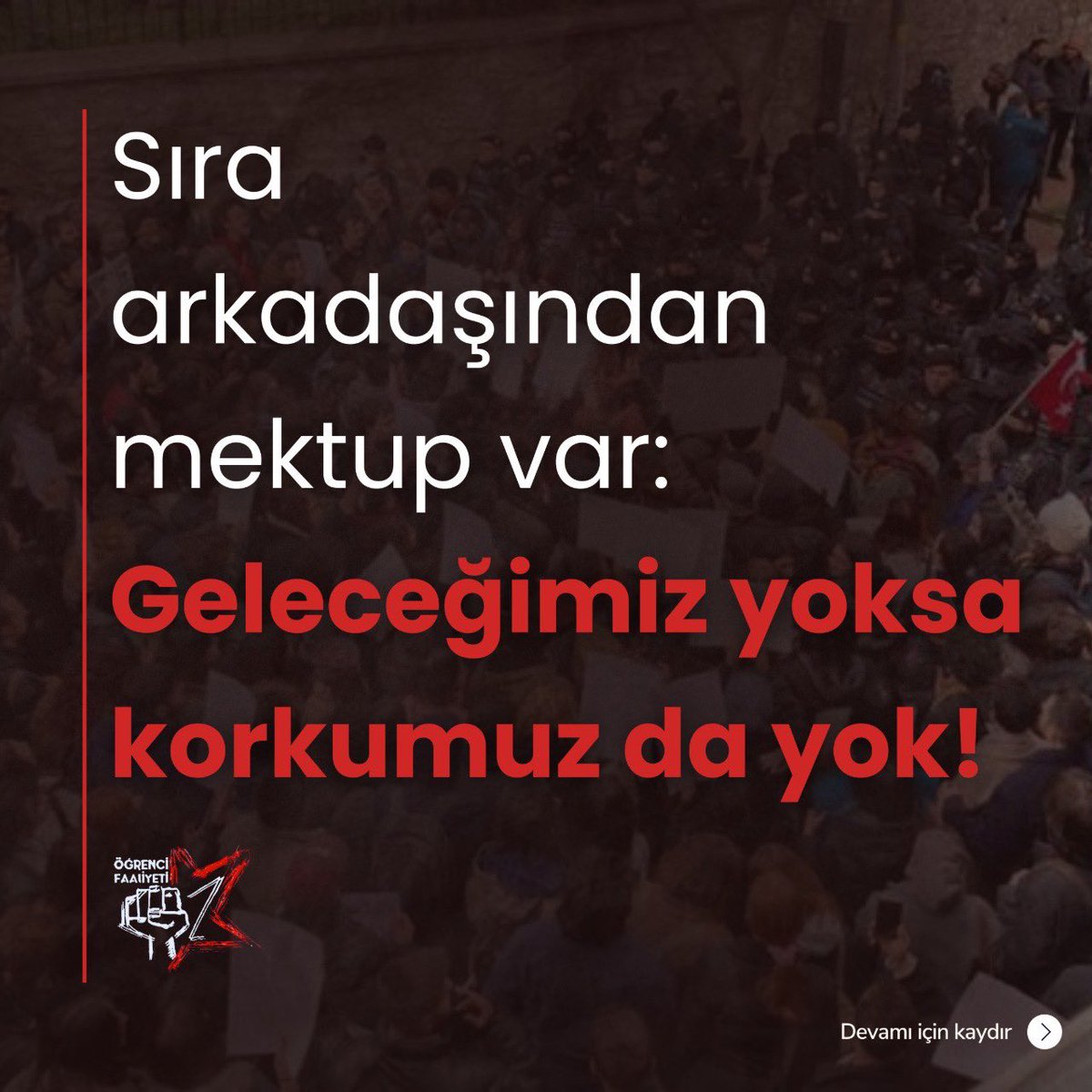 faaliyet__'s tweet photo. 📨 Sıra arkadaşından mektup var:

"Bugün sana yazıyorum çünkü biz sustukça belli çelişkiler büyüyor..."

➡️ Varlığını baskı üzerine kuran sistemi; ancak yaratılan çelişkileri öfkeye dönüştüren, korkusunu mücadelede bırakarak yan yana gelenler değiştirebilir. Bu yüzden haykıralım: 

Geleceğimiz Yoksa Korkumuz da Yok!

Tamamını okumak için 👇