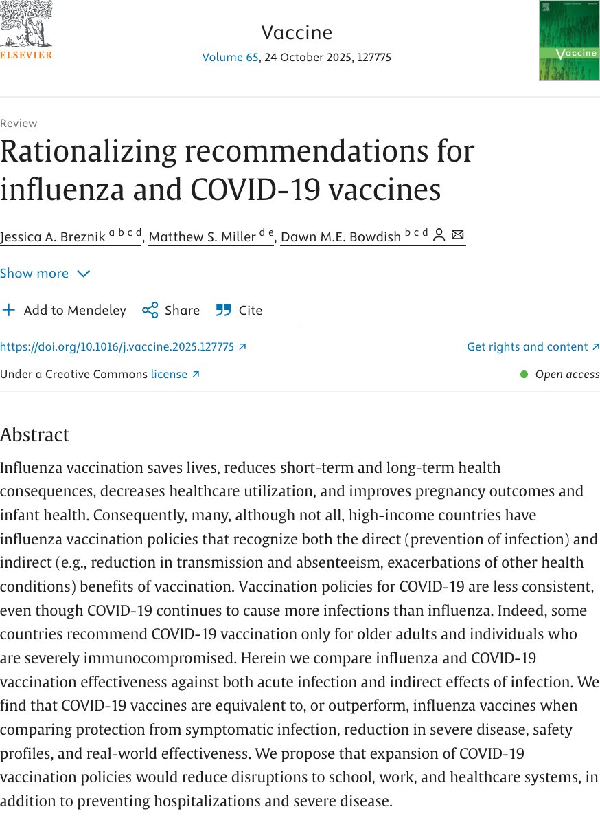 Terrific new review of flu &amp; COVID vaccine recommendations in <a href="/Els_Vaccine/">Elsevier Vaccine</a> by <a href="/jabreznik/">Jessica A. Breznik</a>, <a href="/Millerlab_atMac/">Miller Lab</a>, &amp; <a href="/MsMacrophage/">Dawn Bowdish</a>.   

They make a compelling data-driven case for expanding COVID vaccines &amp; optimizing timing for COVID waves, as we do for flu.👇

sciencedirect.com/science/articl…