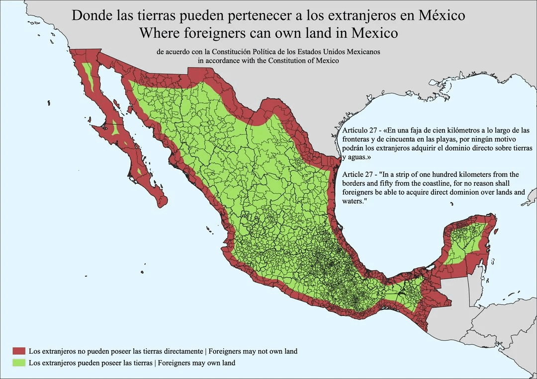 The reality of foreign land ownership in Mexico: almost unlimited access, except within 50 km of the coast or 100 km of borders. 🇲🇽