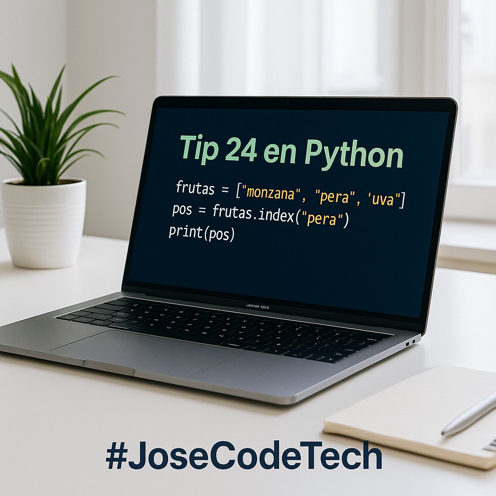 josecodetech's tweet image. 📌 Tip #24 en #Python
Encuentra la posición de un elemento en una lista con .index():
frutas = [&quot;manzana&quot;, &quot;pera&quot;, &quot;uva&quot;]
pos = frutas.index(&quot;pera&quot;)
print(pos)
📌 Muy útil cuando necesitas localizar un valor dentro de una lista.

🎥 youtube.com/@josecodetech
#JoseCodeTech