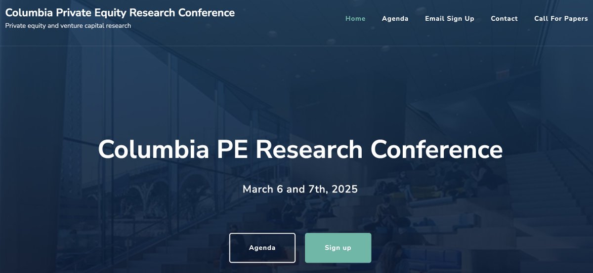 Michael Ewens (@startupecon) on Twitter photo Private equity researchers: submit work (submit@columbiapeconference.com) to the Columbia Private Equity Conference held March 5th and 6th at
@columbia_biz
PhD students: submit work to the PhD workshop (held on the 5th)
Info: columbiapeconference.com/call-for-paper…
📅Deadline: Dec. 1st Private equity researchers: submit work (submit@columbiapeconference.com) to the Columbia Private Equity Conference held March 5th and 6th at
@columbia_biz
PhD students: submit work to the PhD workshop (held on the 5th)
Info: columbiapeconference.com/call-for-paper…
📅Deadline: Dec. 1st