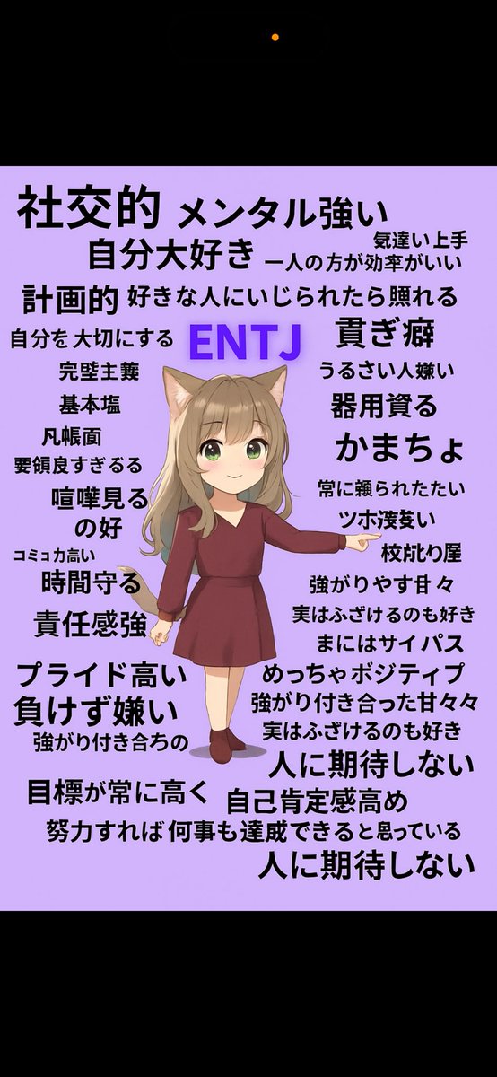 恋愛16タイプ ▶︎最後の恋人
MBTI      ▶︎指揮官
現実主義者感.....