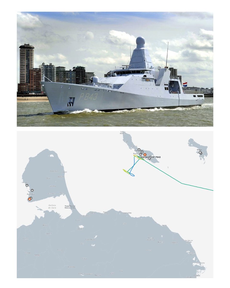 OSINTMilTracker's tweet photo. #BREAKING – Patrol boat of the Royal Netherlands Navy NLD WARSHIP P843 Is NOW VERY CLOSE to the coast off #Venezuela, after leaving Willemstad, Curaçao 🇨🇼. https://t.co/nFOZJVjdY1