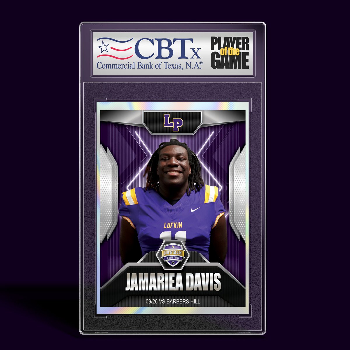 Jamariea Davis continues to have a big year for the Panther Defense. Congrats Jamariea on being named our Commercial Bank of Texas Defensive Player of the Game. <a href="/LufkinRecruit/">Lufkin Recruiting</a> <a href="/Lufkinfootball/">Pack Football News</a> <a href="/BIGNASTY500/">GARY IVINS</a> <a href="/abseckLPFB/">Carl Abseck</a>