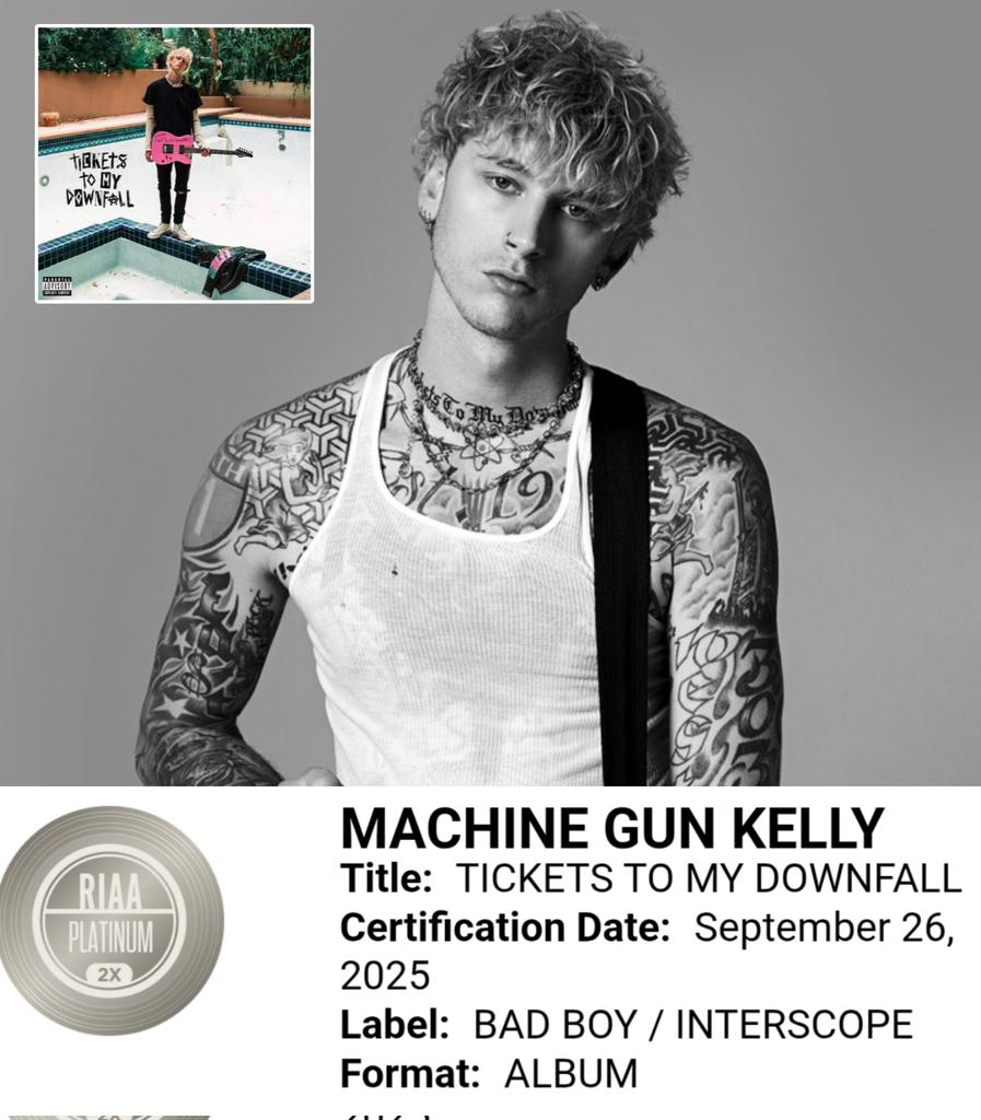 Tickets To My Downfall by Machine Gun Kelly has officially been certified 2X Platinum with an equivalent 2 Million units sold.