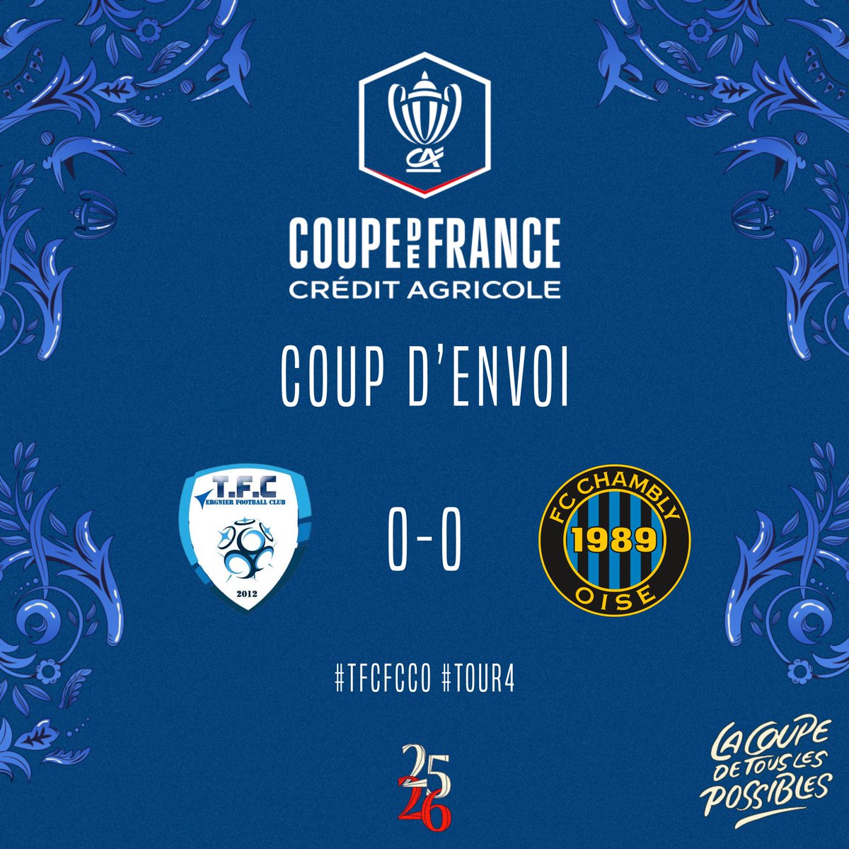 0’ - DIRECT (0-0) 

C’est parti à Tergnier pour ce 4eme tour de Coupe de France ! 

Allez Chambly 🖤💙