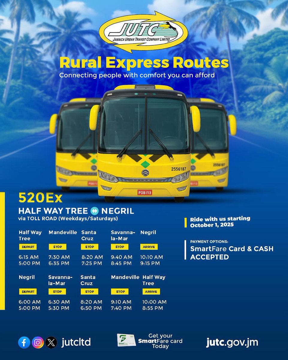 Ride in comfort, travel in style on Route 520Ex taking you from Half Way Tree to Negril and from Negril to Half Way Tree!

Starting October 1, 2025, experience the JUTC Rural Express Routes, connecting Kingston to major towns across Jamaica with premium buses built for comfort,