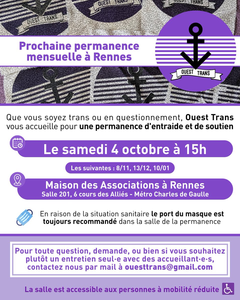🏳️‍⚧️ PROCHAIN RDV

Retrouvez-nous le 4 octobre à 15h à la Maison des Association de Rennes pour une permanence d'auto-support entre personnes trans et en questionnement.

Pour toutes questions, n'hésitez pas à nous contacter par mail à ouesttrans[at]gmail/.com