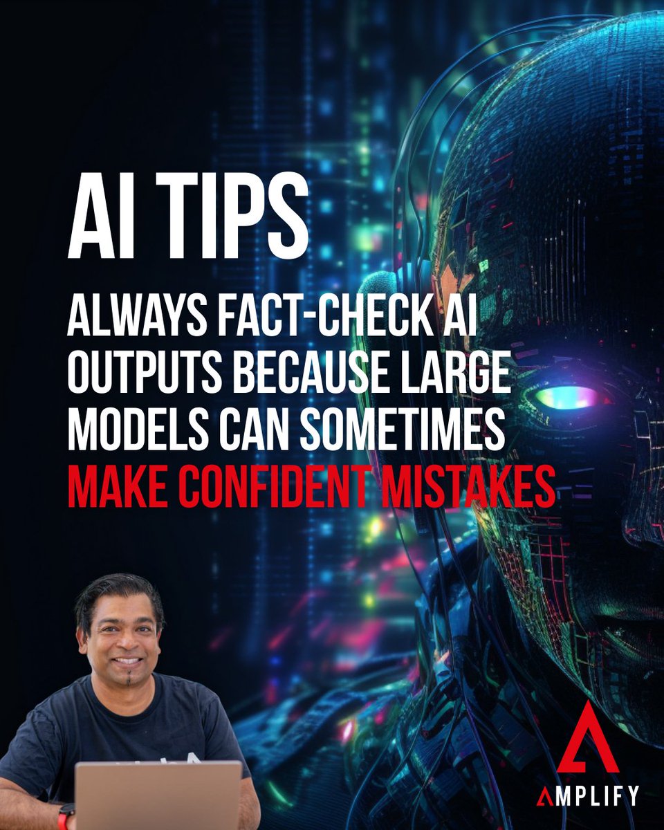 ronsley's tweet image. AI can sound confident and still be wrong. Always fact-check outputs. The smartest move is combining AI insights with human judgment.

Go to my website at amplifyais and check out my YouTube channel.

#ai #aitips #factcheck