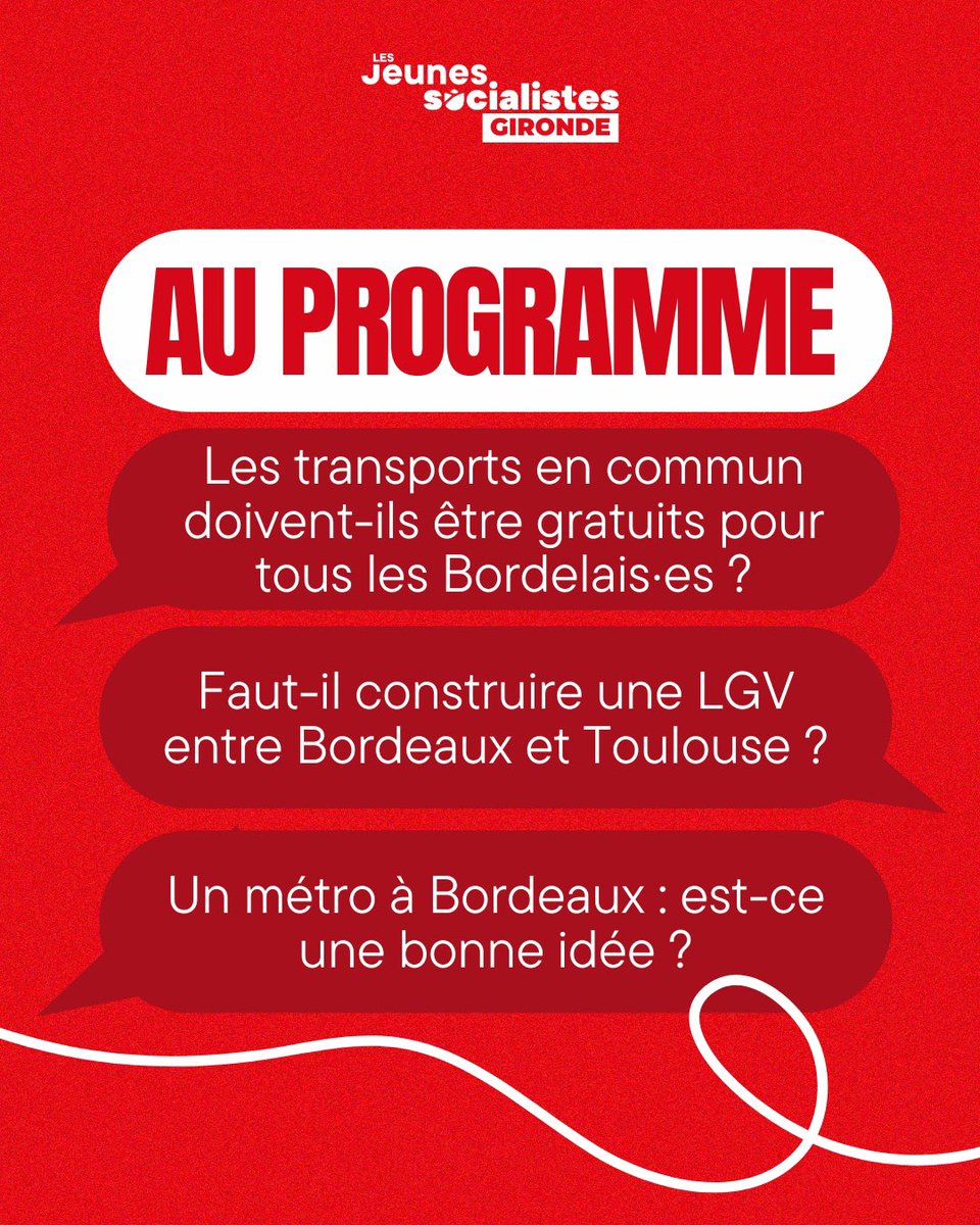 Mercredi, on se retrouve à la Fédération du PS Gironde pour un débat mouvant sur les mobilités ! 🚊 Gratuité des transports, LGV, métro à Bordeaux…tout y passe ! 💬☀️

👉 Viens échanger et débattre avec nous, c’est ouvert à tous•tes ✊🌹
