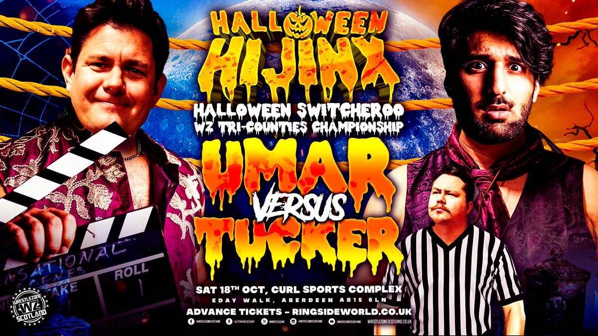 Umar Mohammed defends the Tri-Counties Title at Halloween Hijinx in a Halloween Switcheroo match, with Rhys Dawkins as special ref!

VIP tickets £15, 6pm entry   
GA tickets £12, 6:30pm entry  

Main show starts - 7pm.         

Get tickets at ringsideworld.co.uk/events.php?id=…