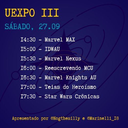 🏟️ FALTA MUITO POUCO!

Os painéis do sábado estão prestes a começar, não perca!

14:30 • <a href="/MarvelMAX00/">𝙼𝚊𝚛𝚟𝚎𝚕 𝙼𝙰𝚇 | 𝙵𝚊𝚗 𝙰𝚄</a>
15:00 • <a href="/IDW_AU/">IDWAU</a>
15:30 • <a href="/MarvelNexus412/">Marvel Nexus | Fan AU</a>
16:00 • <a href="/ReescrevendoMCU/">𝚁𝚎𝚎𝚜𝚌𝚛𝚎𝚟𝚎𝚗𝚍𝚘 𝙼𝙲𝚄 - 𝙵𝙰𝙽 𝙰𝚄</a>
16:30 • <a href="/MKAU2025/">MKAU - Marvel Knights Alternative Universe</a>
17:00 • <a href="/TeiasDoHeroismo/">Homem-Aranha: Teias do Heroísmo</a>
17:30 • <a href="/SWCronicasAU/">Star Wars Crônicas</a>