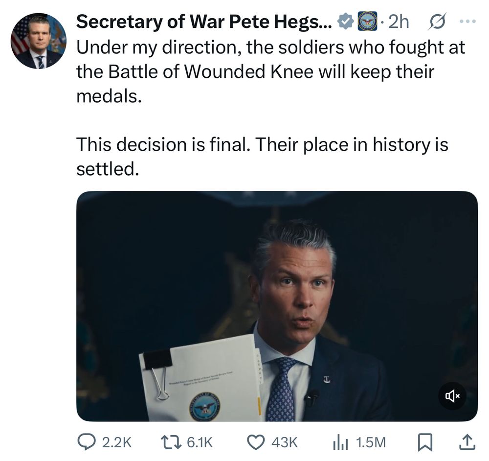 Not the most important thing, but Hegseth's last sentence is interesting: "Their place in history is settled."

This is what authoritarians yearn for: To control not just the present and the future, but the past. Nothing can be re-examined or re-thought. No questions allowed.
