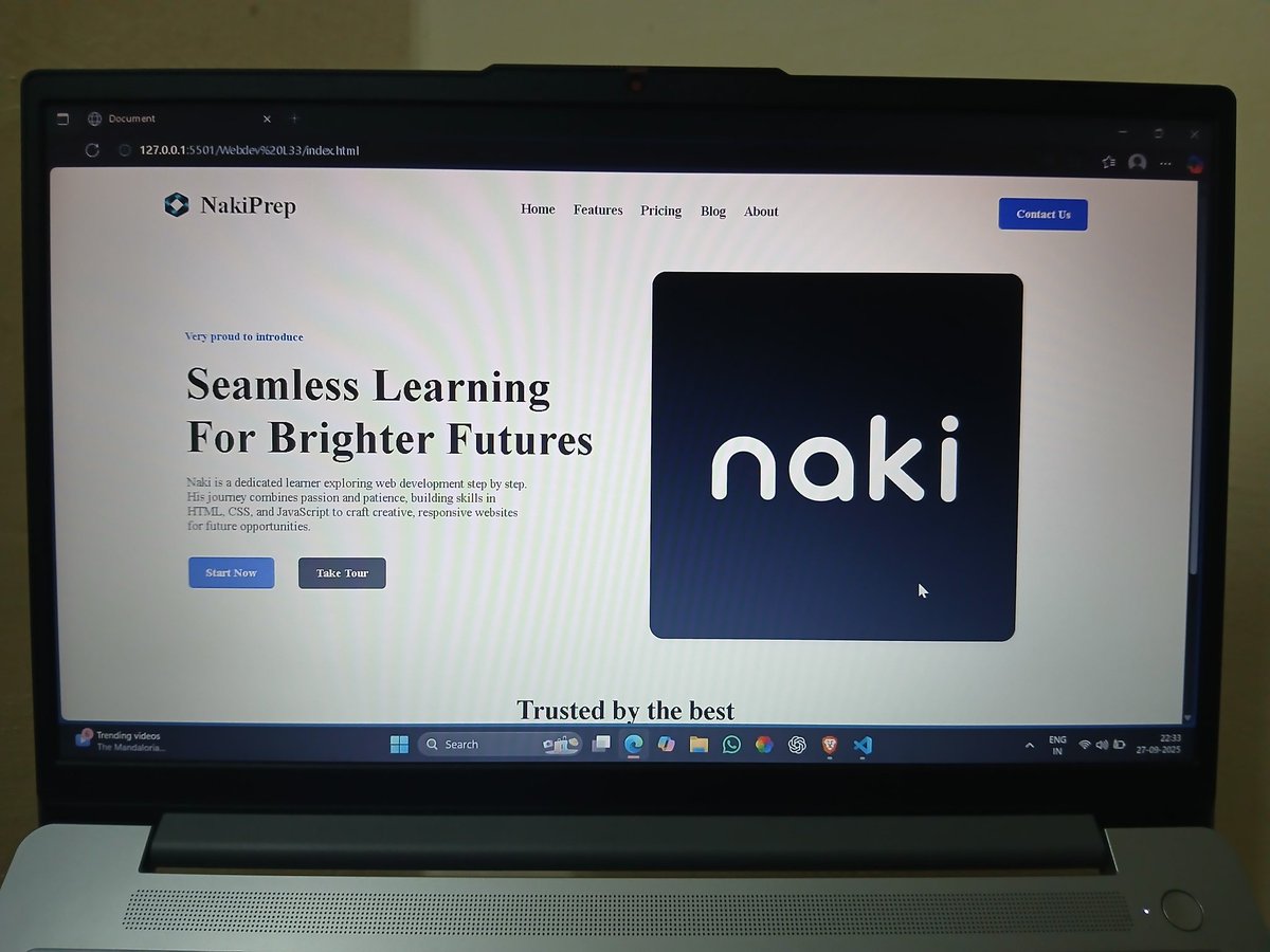 AlamNaki2005's tweet image. 📚 Completed Lecture 34 – Main Content Section (NakiPrep Website) from Love Babbar’s Web Dev Course!

👉 Hero text: Seamless Learning For Brighter Futures
👉 Description about the platform

👉 Added image for balance + clean layout 🚀
#WebDevelopment  #coder #codehelp #lovebabbar