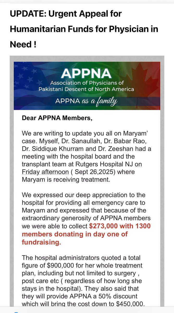 AhmadRehanKhan's tweet photo. 🚨𝗨𝗿𝗴𝗲𝗻𝘁 𝗨𝗽𝗱𝗮𝘁𝗲 𝗼𝗻 𝗗𝗿.𝗠𝗮𝗿𝘆𝗮𝗺 🚨

✨ Dr. Maryam is now officially on the transplant list.
💵 The cost has been negotiated at $450,000 (all inclusive).
🤝 Thanks to the incredible generosity of this community, $273,000 has already been raised through 1,300 donations!

But we are still $180,000 short of our goal.

𝗔𝗣𝗣𝗘𝗔𝗟:
🙏 This is the final stretch. Every dollar counts. Please donate whatever you can and share this appeal with your friends and networks. Together, we can help save Dr. Maryam’s life.

📌 𝗗𝗢𝗡𝗔𝗧𝗜𝗢𝗡 𝗟𝗜𝗡𝗞
[https://t.co/Uw7XwWBs3q]

𝗕𝗮𝗰𝗸𝗴𝗿𝗼𝘂𝗻𝗱:
For those who may not know, Dr. Maryam is a Pakistani medical graduate who came to the United States to pursue clinical rotations. During this time, she unfortunately became critically ill and developed acute liver failure, now requiring a life-saving liver transplant.

#Match2026 #MedTwitter #MedEd
#DonateNow #SaveDrMaryam