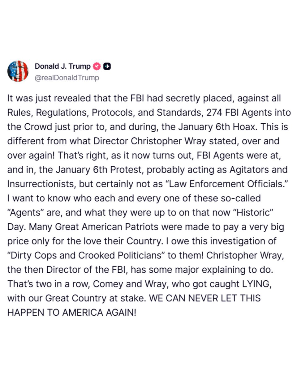 After indicting Comey, Trump is now threatening his hand-picked FBI Director Wray over the  “January 6 hoax” 

This country is heading down a very dark road.
