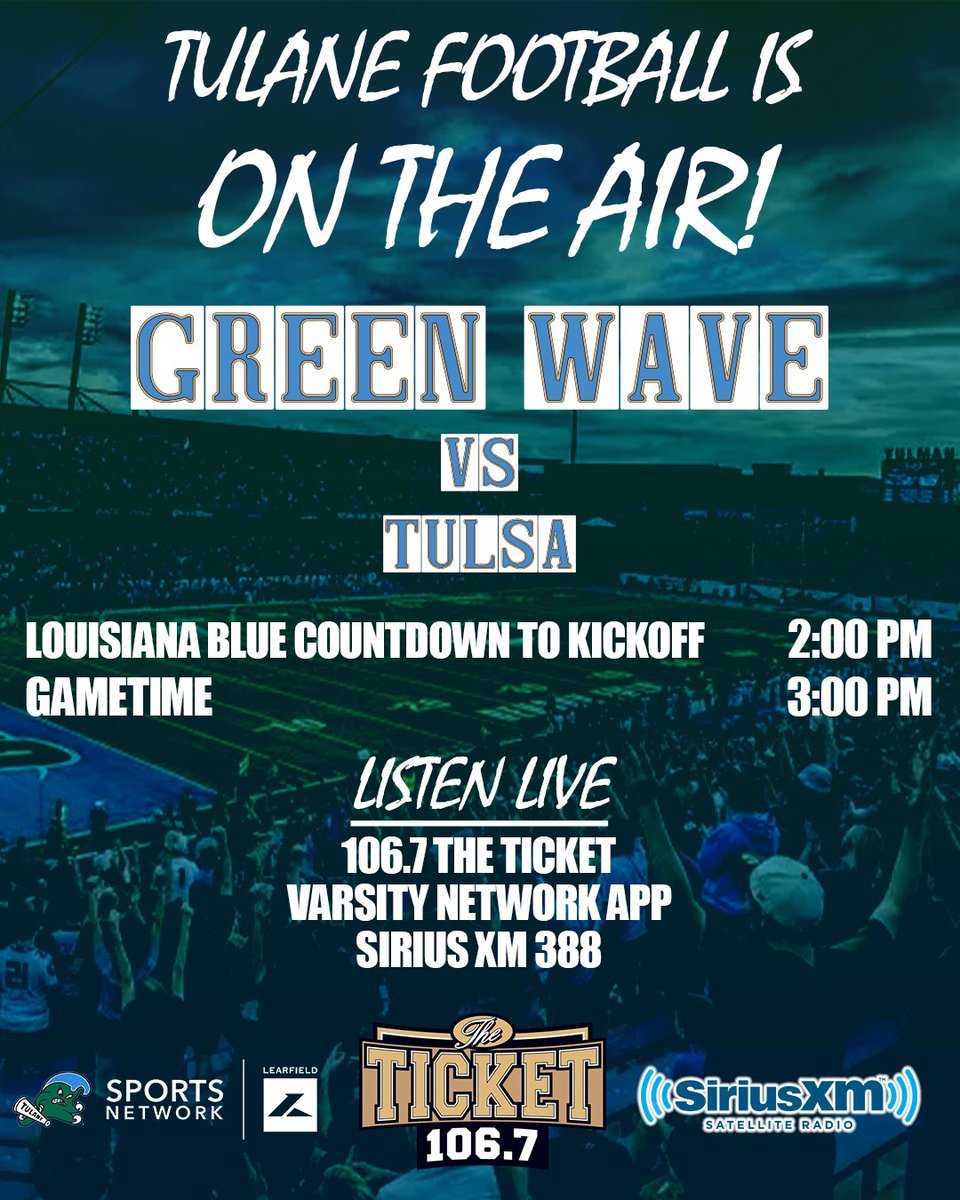 🚨 GAMEDAY ALERT 🚨
Tulane Football takes on Tulsa! 

Tune in live:
2:00PM – Louisiana Blue Countdown to Kickoff
3:00PM – Kickoff

106.7 The Ticket | Varsity Network App | SiriusXM 388

#RollWave

<a href="/CoreyGloor/">Corey Gloor</a> 
<a href="/MaddyHudak_94/">Maddy Hudak</a> 

<a href="/LEARFIELDAudio/">LEARFIELD Audio</a> 
<a href="/GreenWaveFB/">Tulane Football</a>